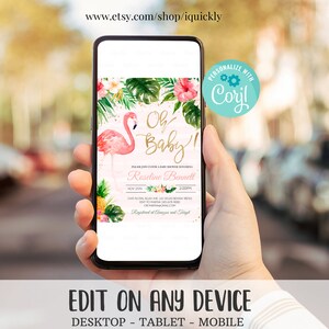 May include: Pink flamingo baby shower invitation with tropical leaves and flowers. The invitation says "Oh Baby!" and includes the name "Roseline Bennett" and the date and time of the shower. It also says "Personalized with Coril".