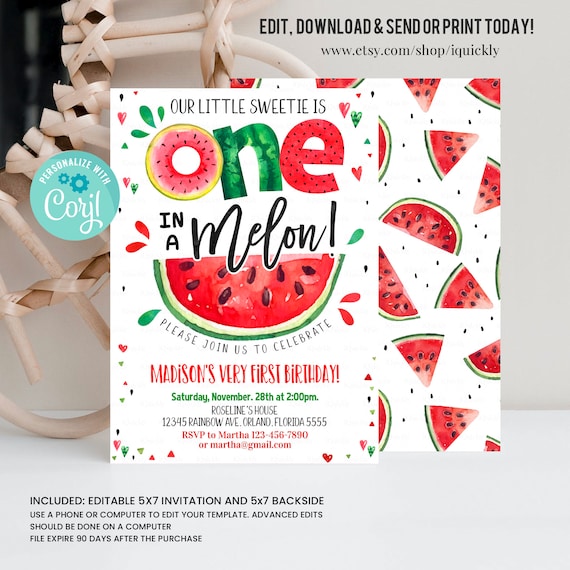 Editable Watermelon Invitation, Birthday Invitations, Red Watermelon Party, One in a Melon, 1st Birthday Instant download Printable Digital Il_570xn