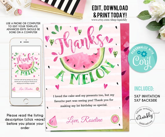 EDITABLE Watermelon Thank You Card One in a Melon Note Card | Etsy