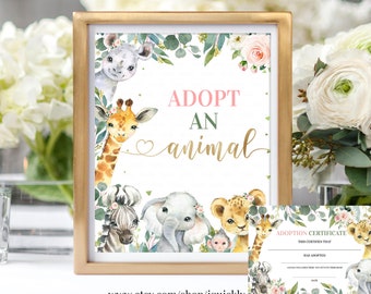 Safari Adopt an animal Sign and Certificate Jungle Birthday Party Stuffed animal Adoption Wild Birthday Printable digital Instant download