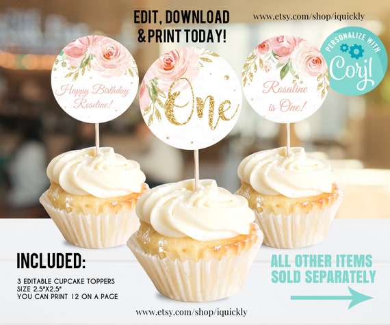 Gold Pink 2 x 2 Pdf DIGITAL DOWNLOAD Mint Cupcake Toppers PRINTABLE Happy Birthday