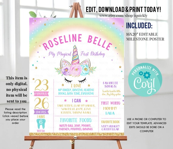 Unicorn 1st birthday Poster, EDITABLE Rainbow Milestone Birthday Poster, First Year poster, Chalkboard Poster download, Template Printable Il_570xn