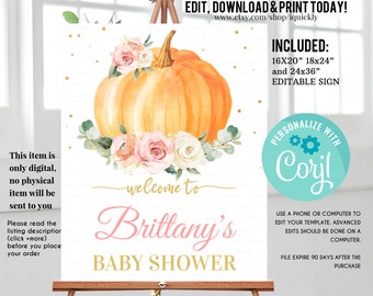 EDITABLE Pumpkin Floral Baby Shower Welcome sign, Pink and gold Pumpkin Sign Decorations Flower White Instant download Template Printable