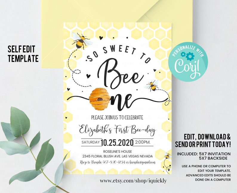 May include: A yellow and white bee-themed first birthday party invitation with a honeycomb pattern background. The text reads "So Sweet to Bee One" with a bee illustration. The invitation includes the date, time, and location of the party. It also includes the text "Please join us to celebrate Elizabeth's First Bee-day".