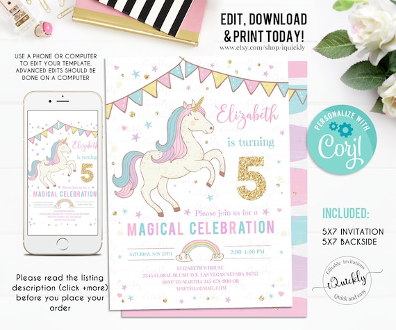 editable unicorn invitation unicorn party unicorn birthday etsy