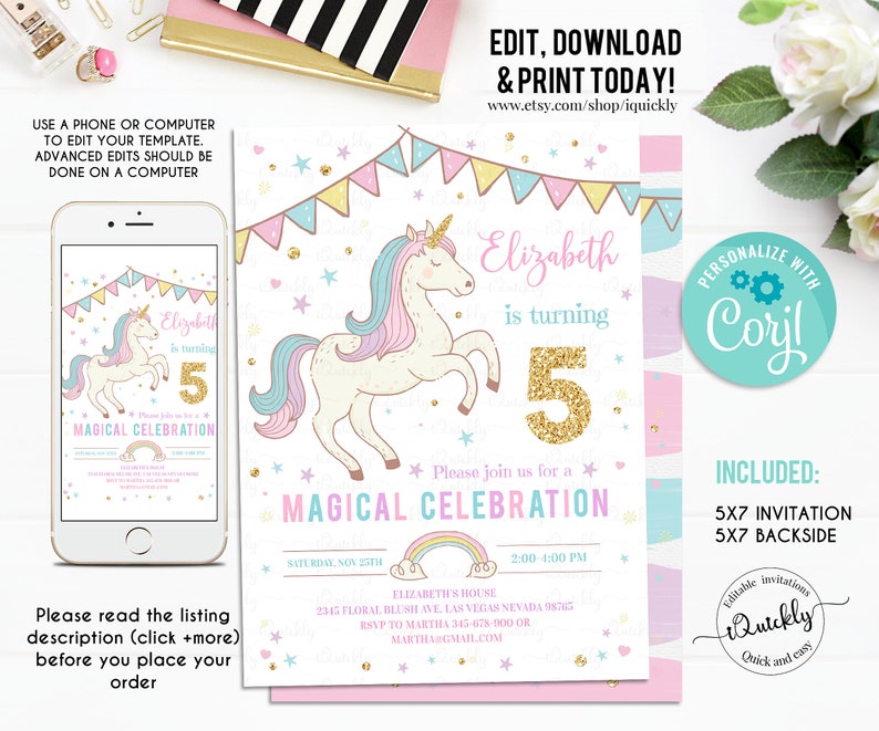 Editable Unicorn Invitation Unicorn Party, Unicorn Birthday, Magical Unicorn Invite, Girl Pastel gold Template Digital Instant Download image 1