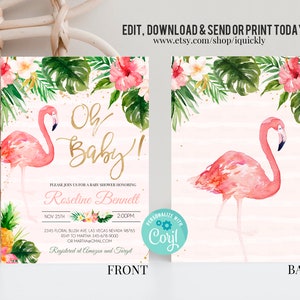 May include: Pink flamingo baby shower invitation with tropical leaves and flowers. The text reads "Oh Baby!" and includes the name "Roseline Bennett" and the date "Nov 25th".