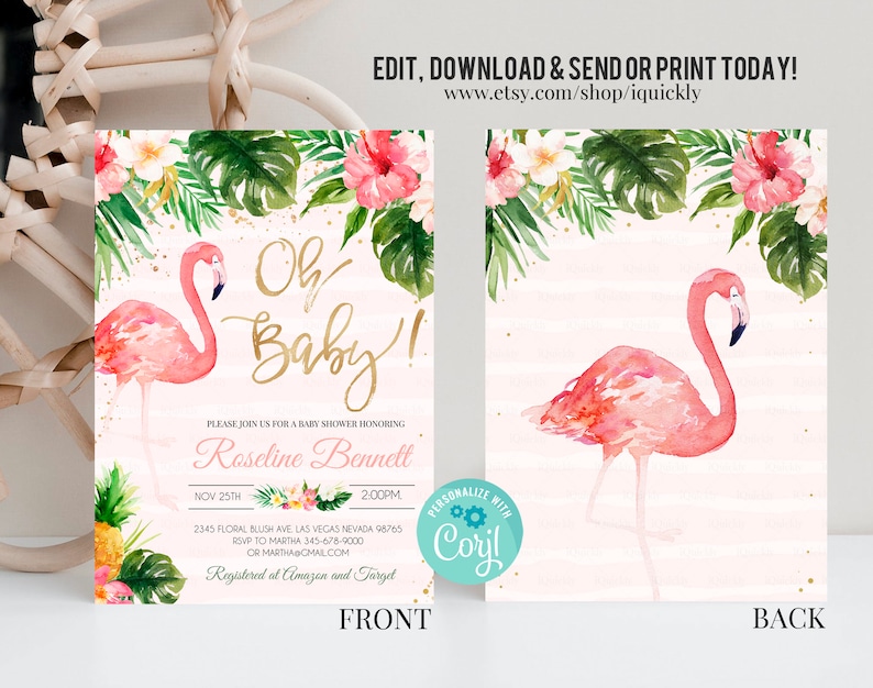 May include: Pink flamingo baby shower invitation with tropical leaves and flowers. The text reads "Oh Baby!" and includes the name "Roseline Bennett" and the date "Nov 25th".