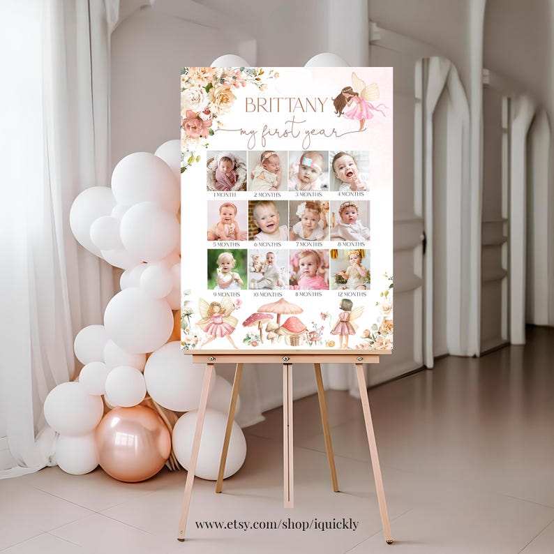 May include: A pink and white first year photo collage with a fairy theme. The collage has 12 spaces for photos, each with a month label. The top of the collage has the name "Brittany" and the text "my first year".