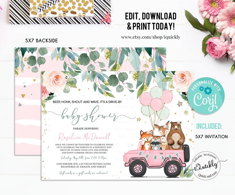 Editable Drive by Baby Shower Invitation Woodland Animal Drive Etsy