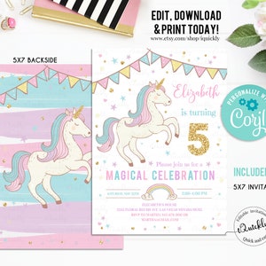 Editable Unicorn Invitation Unicorn Party, Unicorn Birthday, Magical Unicorn Invite, Girl Pastel gold Template Digital Instant Download image 2