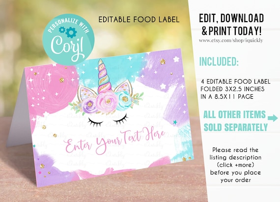 EDITABLE Unicorn Food tags Buffet label Tent card Food Labels Place ...