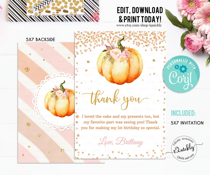 Editable Pumpkin Thank You Card Little Pumpkin Note Card - Etsy