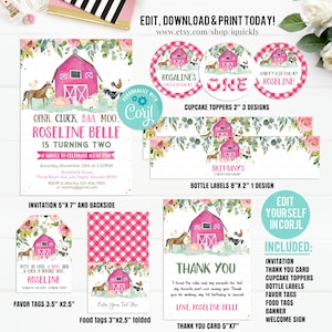 Editable Farm Party Decorations, Barnyard Party Package Birthday Invitations Girl Farm animals Invite, Template Digital Instant Download