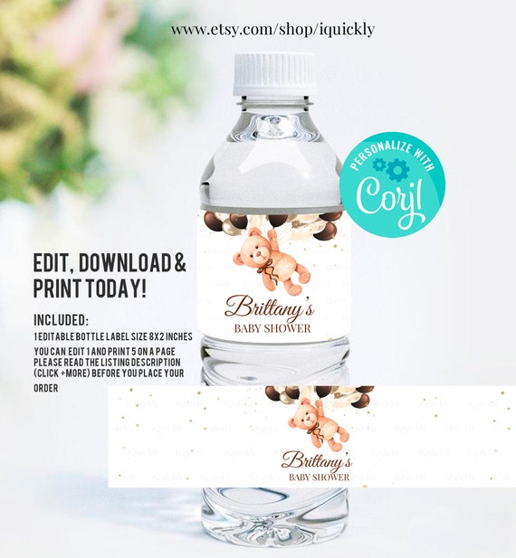 EDITABLE Teddy bear baby shower Water bottle label, Boy Baby Shower Bottle Label Decorations Bear Themed Instant Digital download Printable Il_570xn