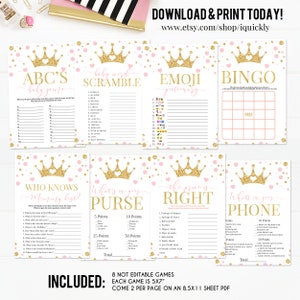 Princess Baby Shower Games, Pink and gold Baby Shower Game Bundle, Little Princess Gold Bingo Instant Download Digital Printable