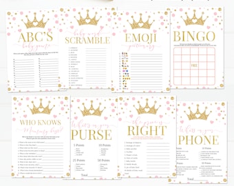Princess Baby Shower Games, Pink and gold Baby Shower Game Bundle, Little Princess Gold Bingo Instant Download Digital Printable