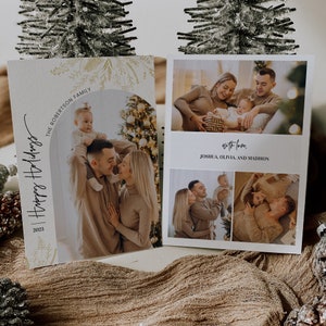 Modello di biglietto di Natale con foto modificabile Biglietto di Natale con arco Biglietto di auguri Boho Biglietto di Natale minimalista Modello modificabile e stampabile