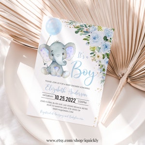 Invitación de baby shower de elefante EDITABLE Azul Oro Niño Bebé Elefante Invitar Plantilla imprimible Descarga digital