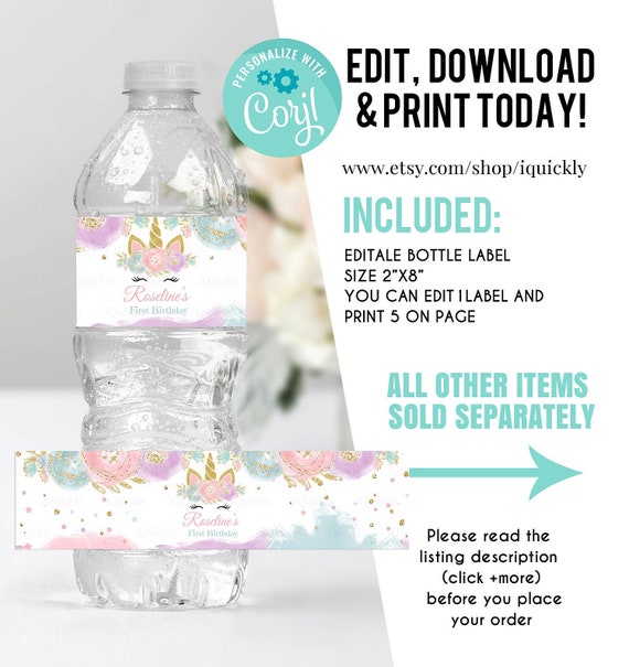 EDITABLE Unicorn Bottle Water Labels, Unicorn Baby Shower, Pink & Gold Unicorn, Glitter Unicorn Party Instant download Printable template Il_570xn