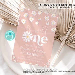 Convite Editável para Festa de Aniversário Daisy Boho Daisy Wild One Modelo de Festa Boho Floral Groovy de 1º Aniversário Download Instantâneo