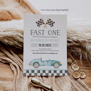 Fast One Racing Car First Birthday Invitation 1st Birthday Invitation Racing Car Vintage Racecar Invite Printable Template Instant Download imagem 5