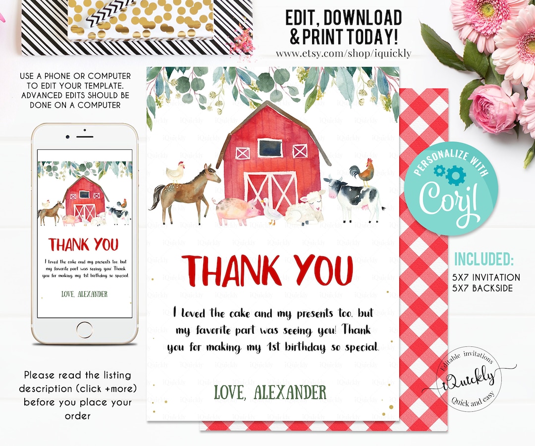 EDITABLE Farm Thank You Card, Barnyard First Birthday Note Card, Farm ...