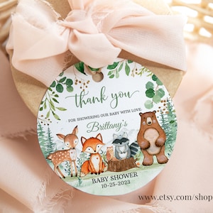 Woodland Baby Shower Favor tag MODIFICABILE, Gender Neutral, animali del bosco Tag di ringraziamento, Tag regalo Tema Woodland Download immediato W206
