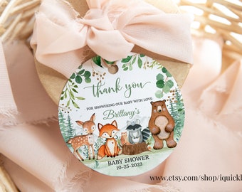 Woodland Baby Shower Favor tags EDITABLE, Gender Neutral, woodland animals Thank you tags, Gift tags Woodland Theme Instant download W206