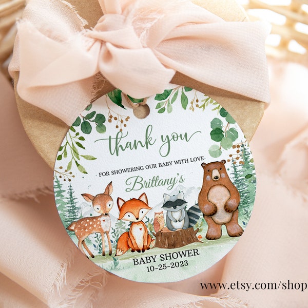 Woodland Baby Shower Favor tags EDITABLE, Gender Neutral, woodland animals Thank you tags, Gift tags Woodland Theme Instant download W206