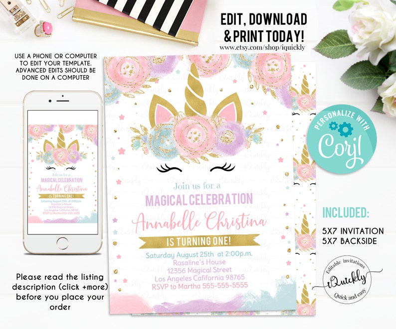 Unicorn Invitation Editable Unicorn Party, Unicorn Birthday Invitations, Magical Unicorn Invite, Girl gold Template Digital Instant Download 