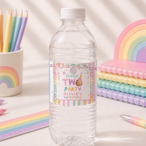 May include: A clear plastic water bottle with a custom label featuring pastel stripes, confetti, and the text Ready TWO PARTY OLIVIA'S 2ND BIRTHDAY, including a small circular photograph of a child wearing a pink party hat on the label.