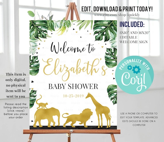 Jungle Gold Baby Shower Welcome sign, EDITABLE Jungle Birthday sign decoration Elephant Giraffe Wild One Instant Download Printable template Il_570xn