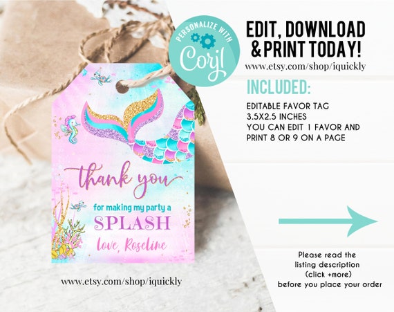 Editable Mermaid Birthday Favor tags, Mermaid Thank you tags, Under the Sea Gift tags, Printable template Digital Instant Download Il_570xn