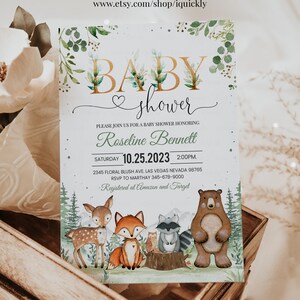Woodland Baby Shower Invitation, EDITABLE Gender Neutral Woodland animals invitations, Woodland Theme Invites Template Instant download image 2