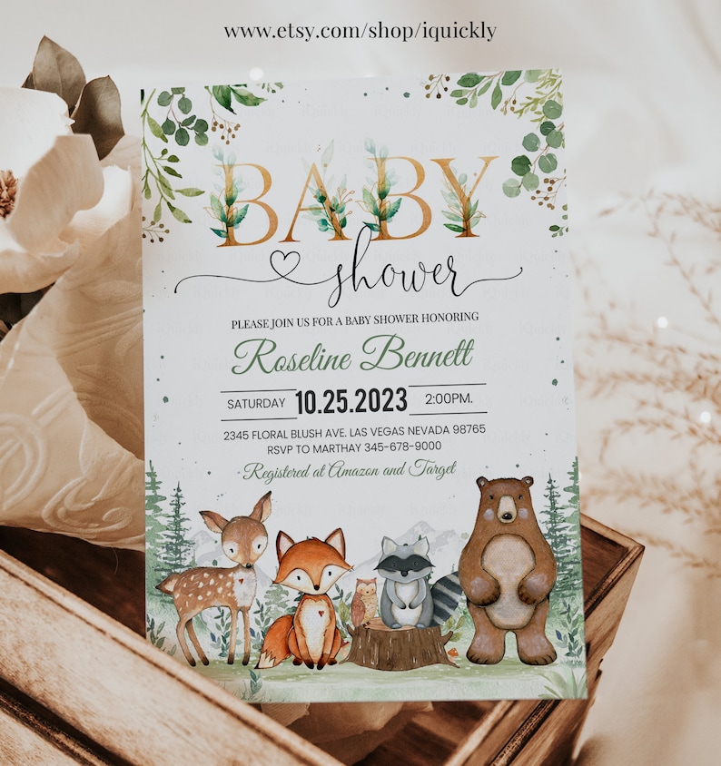 Woodland Baby Shower Invitation, EDITABLE Gender Neutral Woodland animals invitations, Woodland Theme Invites Template Instant download image 2