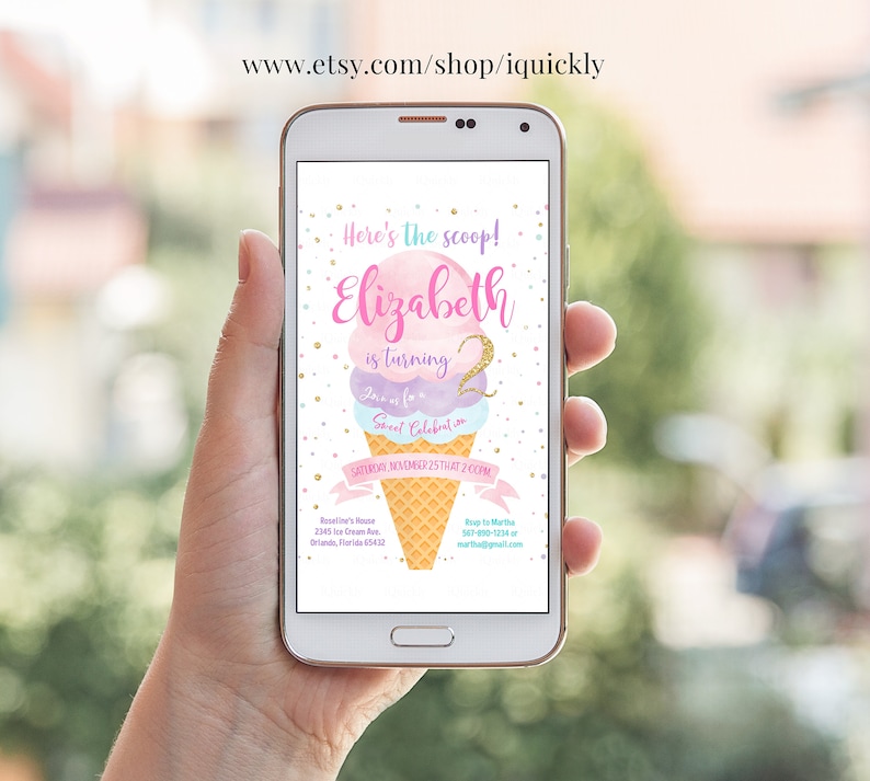 Editable Ice Cream Birthday Invitation First Birthday Party Here's the Scoop Cone Pink Mint Gold Purple Printable Template Instant download image 2