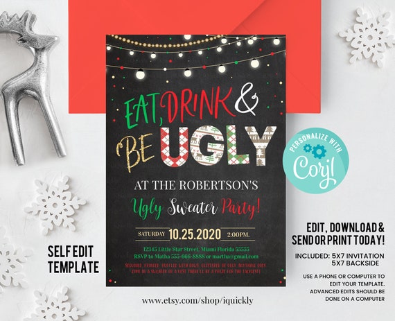 Editable Ugly Sweater Party Invitation Rustic Christmas Ugly Sweater Invitation Eat Drink And Be Ugly Sweater Party Invite Instant Download Il_570xn