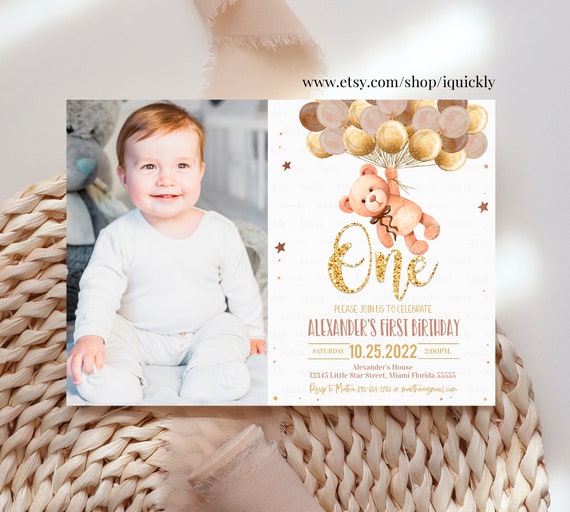 Editable Teddy Bear Birthday Invitation Boy Bear Themed Invite,1st Birthday Bear with Balloons Invitations template digital Instant download Il_570xn
