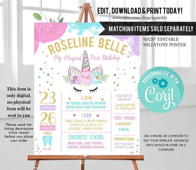 EDITABLE Unicorn Banner, Happy Birthday Banner, Printable 1st Birthday buting banner, Baby Shower Template, Boho Girl, Instant download image 6