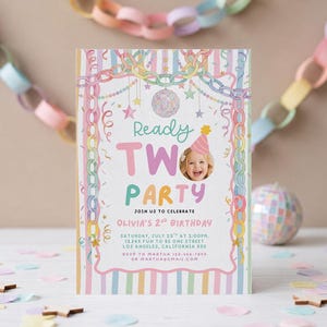 May include: A rectangular birthday invitation card with pastel striped background, featuring a disco ball, hanging stars, and a paper chain border. Text reads Ready TWO Party, Join us to celebrate, Olivia's 2nd Birthday, date, time, address, and RSVP details.