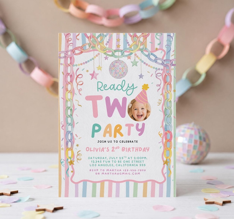May include: A rectangular birthday invitation card with pastel striped background, featuring a disco ball, hanging stars, and a paper chain border. Text reads Ready TWO Party, Join us to celebrate, Olivia's 2nd Birthday, date, time, address, and RSVP details.