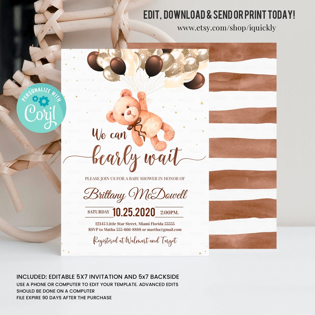 Editable We Can Bearly Wait Baby Shower Invitation Teddy Bear image