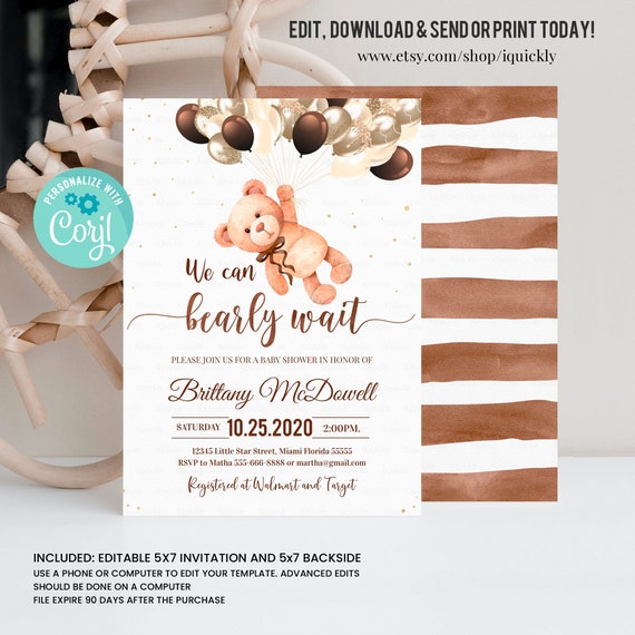 Bear Baby shower Invitation Bear with Balloon Instant Download Boy Baby Shower Invites We Can Bearly Wait Editable Invitation Template