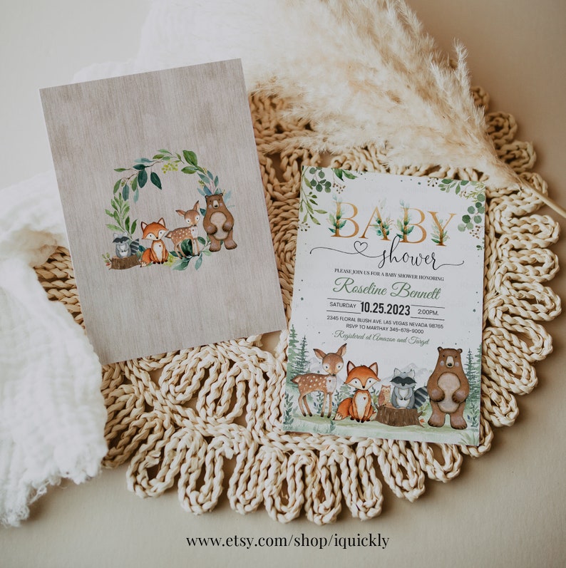 Woodland Baby Shower Invitation, EDITABLE Gender Neutral Woodland animals invitations, Woodland Theme Invites Template Instant download image 6