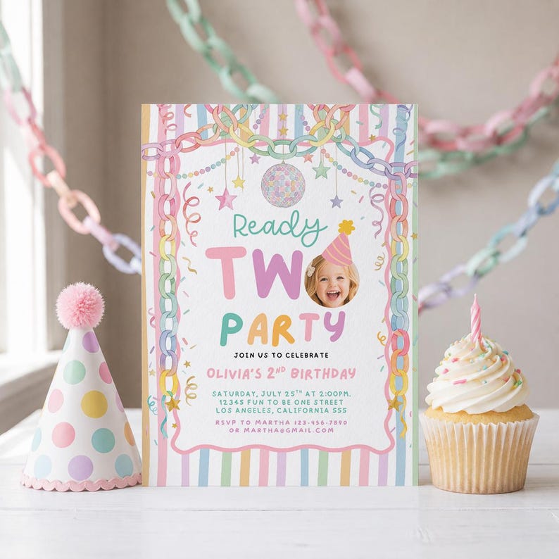 May include: A rectangular birthday invitation card featuring pastel vertical stripes, a chain border, and a disco ball graphic. The text reads Ready TWO PARTY, Olivia's 2nd Birthday, with event details and a photo of a child wearing a party hat.