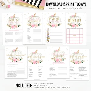 Pumpkin Baby Shower Games Bundle, Floral Pink and gold Girl little Pumpkin Game package Baby Shower Game Pack, Fall Autumn Instant Download