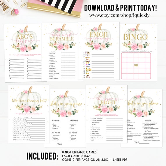 Pumpkin Baby Shower Games Bundle, Floral Pink and gold Girl little Pumpkin Game package Baby Shower Game Pack, Fall Autumn Instant Download Il_570xn