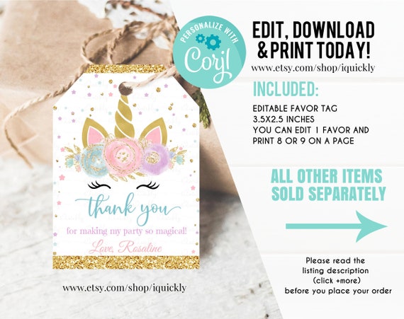 EDITABLE Unicorn favor tags, Thank you tags, Gift Tags, Unicorn Party favor Printable Template, Magical Unicorn GIRL One Instant download Il_570xn