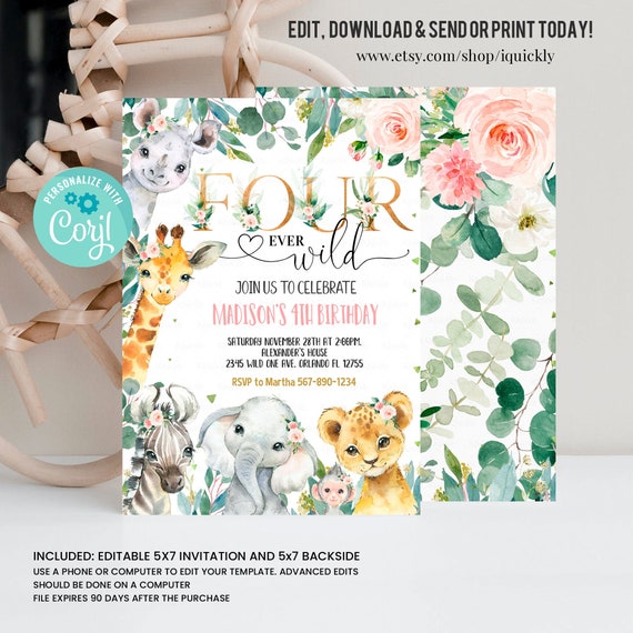 EDITABLE Safari Birthday Invitation, Four ever wild Birthday Invite